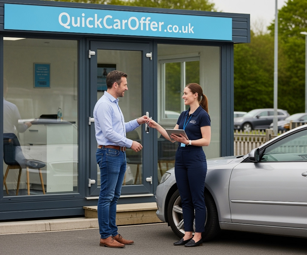 Two people male and female shaking hands outside quick car offer offices