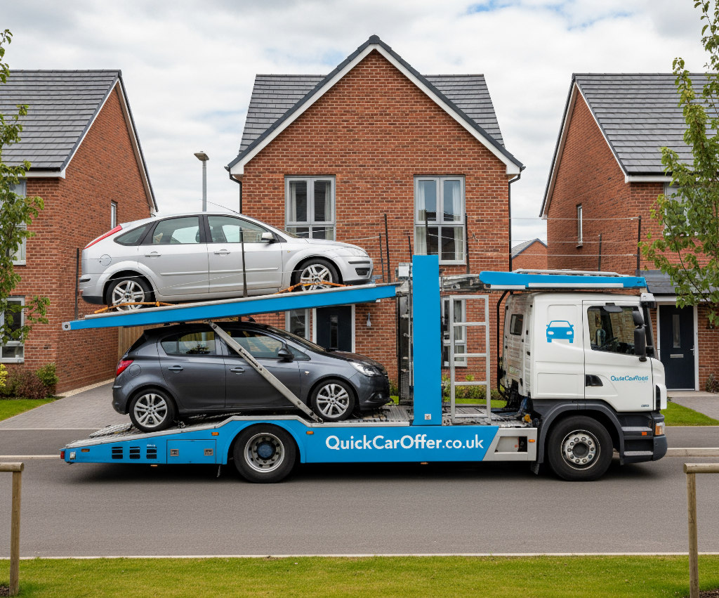 Car transporter taking cars away from home